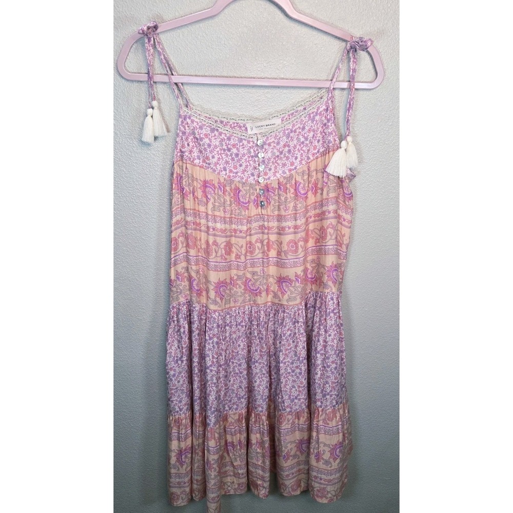 Lucky Brand Mixed Print Tie Strap Tiered Dress Boho Tassel Sundress Pink Size S‎